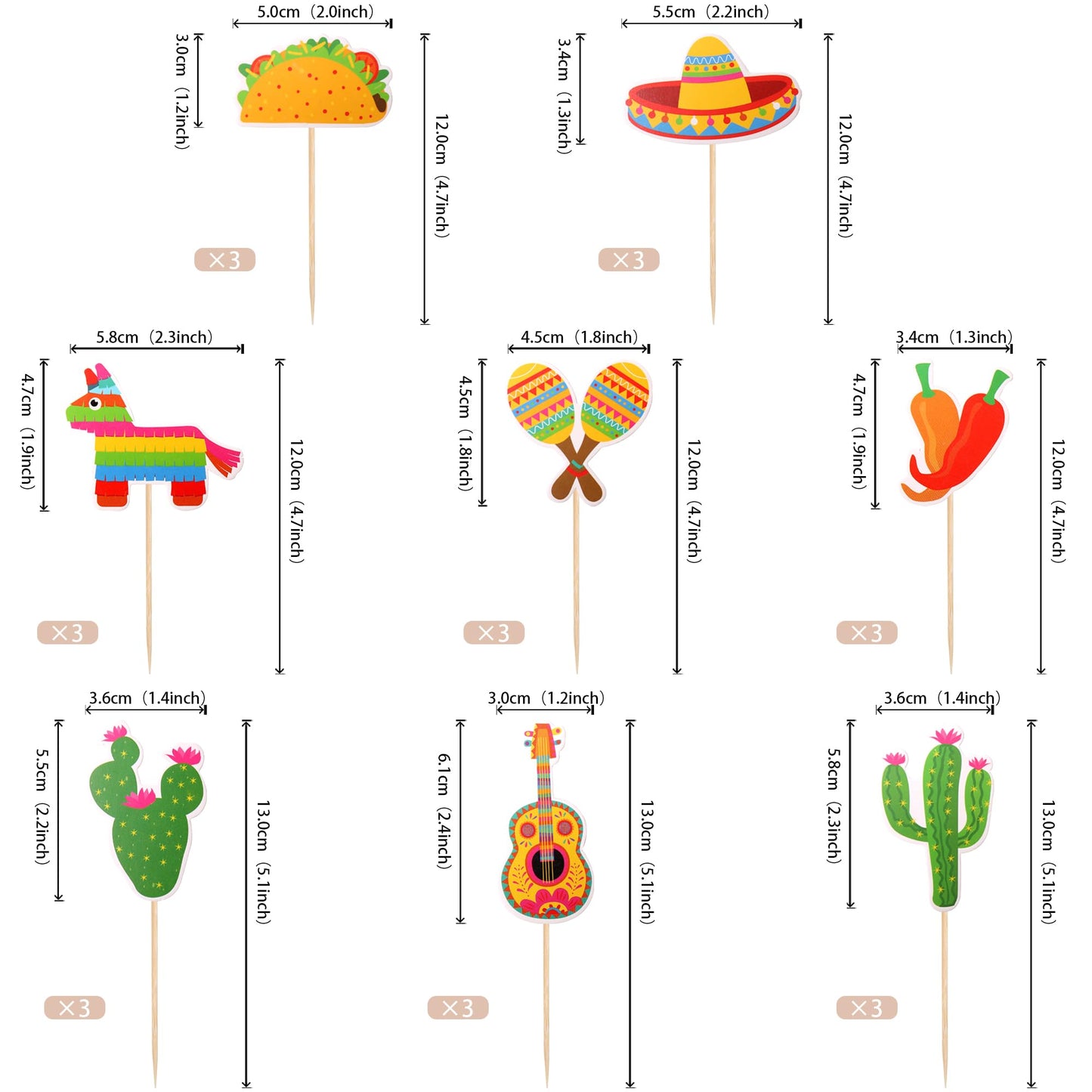 25 Pcs Mexican Fiesta Cupcake Toppers Mexican Fiesta Happy Birthday Cake Topper Cactus Donkey Maraca Sombrero Guitar Cupcake Pic