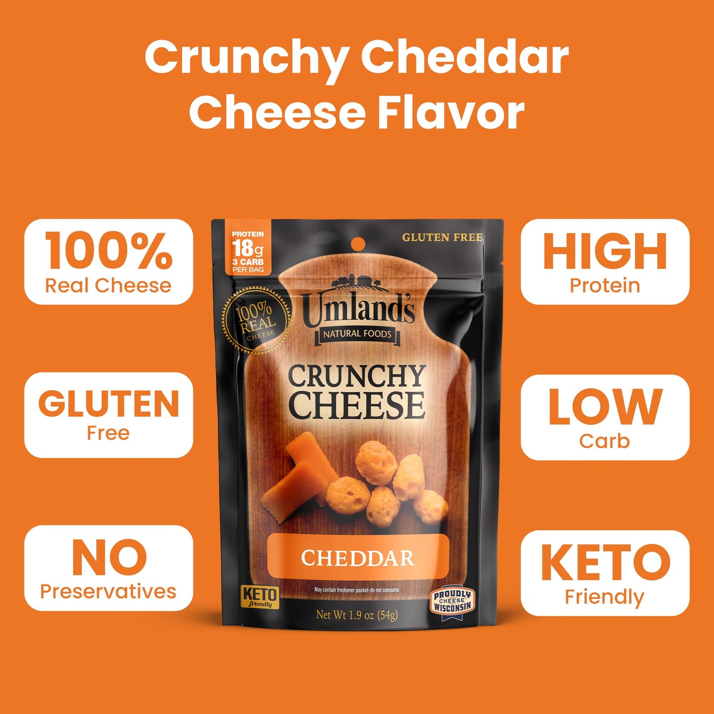 Umlands Crunchy Cheese - Cheddar (3      1.9  oz Bags) | 100% Real Wisconsin Cheese, Keto, Low-Carb, High-Protein, Gluten-Free,
