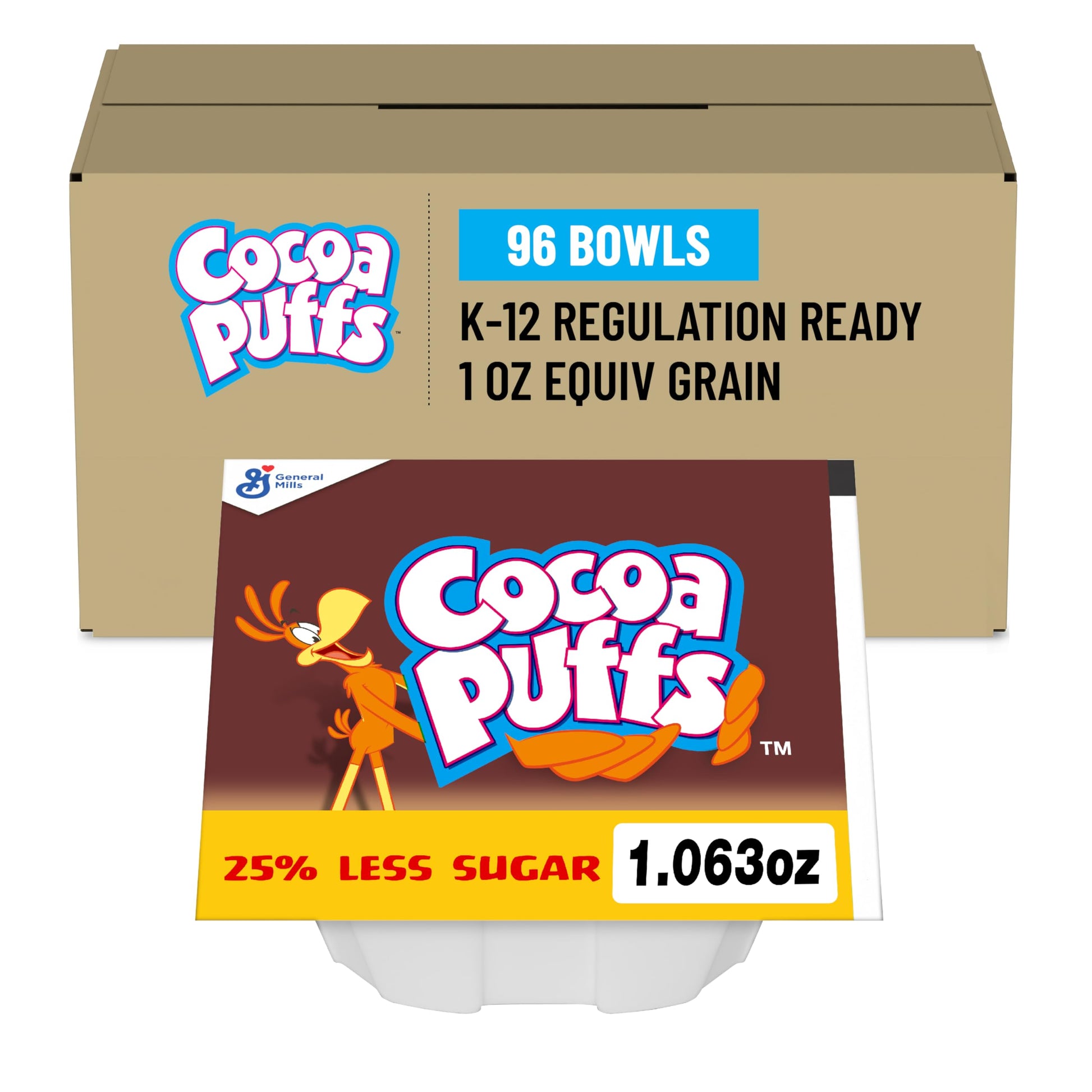 Cocoa Puffs 25% Less Sugar Bowlpak Cereal  1.06 Oz (Pack of 96)