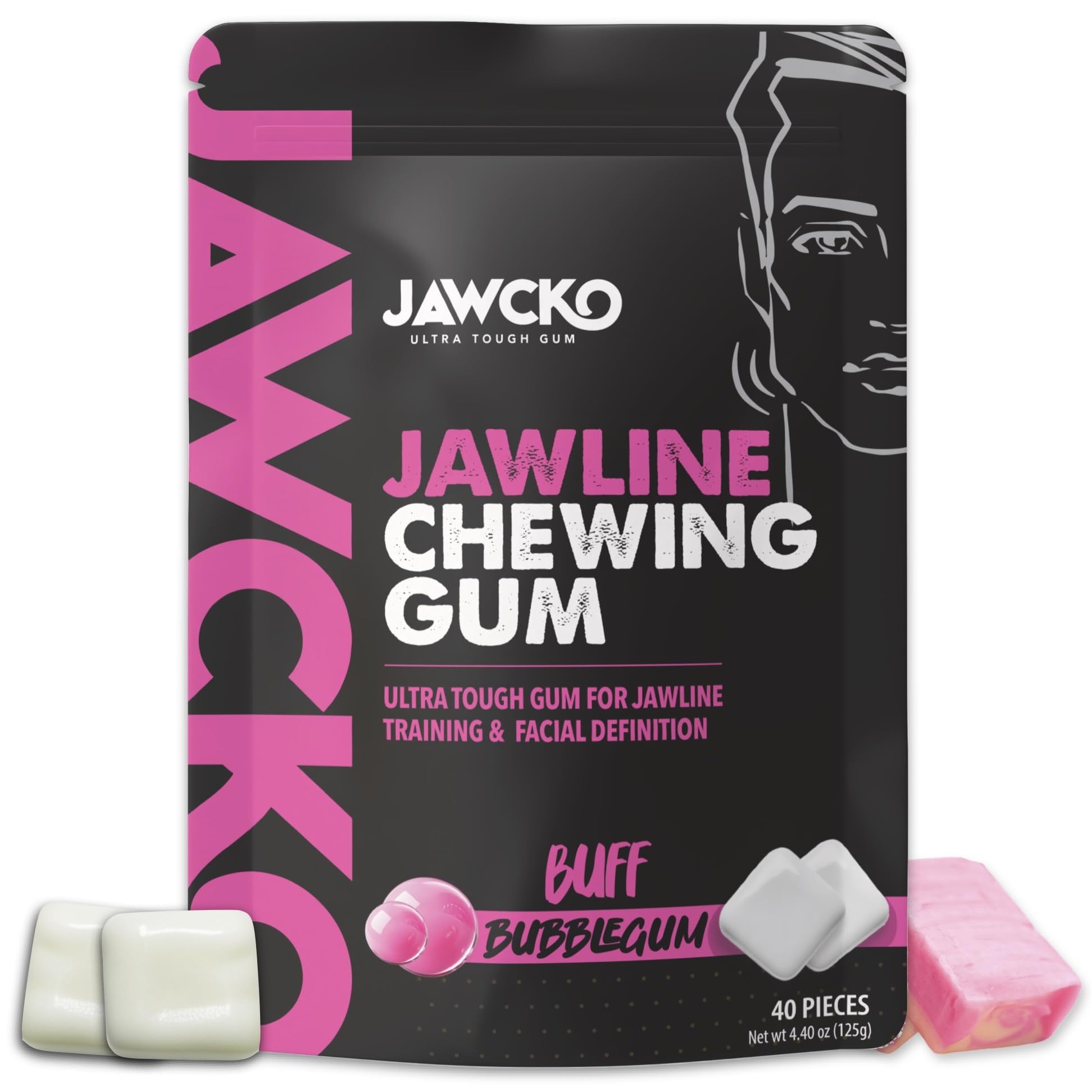 JAWCKO Ultra-Tough Jawline Chewing Gum | Get a Stronger, Squarer Jawline | Bubblegum Jaw Training Hard Gum | 15X Strength | Chis