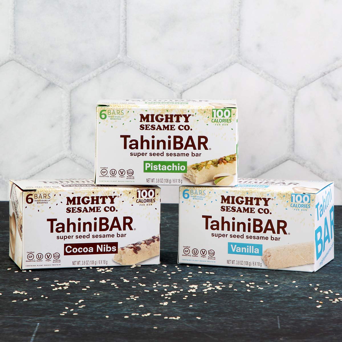 Mighty Sesame Tahinibars, Variety Pack (18 Bars) | 6 Pistachio - 6 Vanilla - 6 Cocoa Nibs | 100 Calorie Mini Halva Bars | Indivi