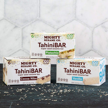 Mighty Sesame Tahinibars, Variety Pack (18 Bars) | 6 Pistachio - 6 Vanilla - 6 Cocoa Nibs | 100 Calorie Mini Halva Bars | Indivi