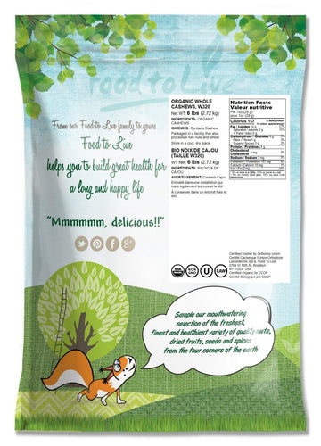 Food To Liveorganic Raw Cashews, 6 Pounds - Non-Gmo, Whole, Large, Premium Fancy Nuts, Unsalted, Unroasted, Kosher, Vegan, Bulk,