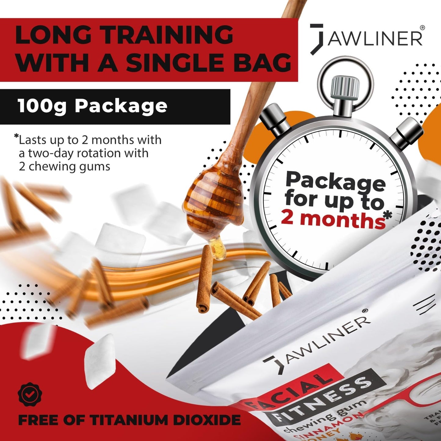 Jawliner Fitness Chewing Gum (2 Months Pack) Jawline Gum - Sugar Free Gum - Cinnamon Honey Gum - Double Chin Reducer - Jawline E