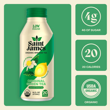 Saint James Iced Tea - Organic Green Tea - Non Gmo, Gluten Free, Low Calorie & Low Sugar - Original Green Tea, 12 Pack (16 Fl Oz