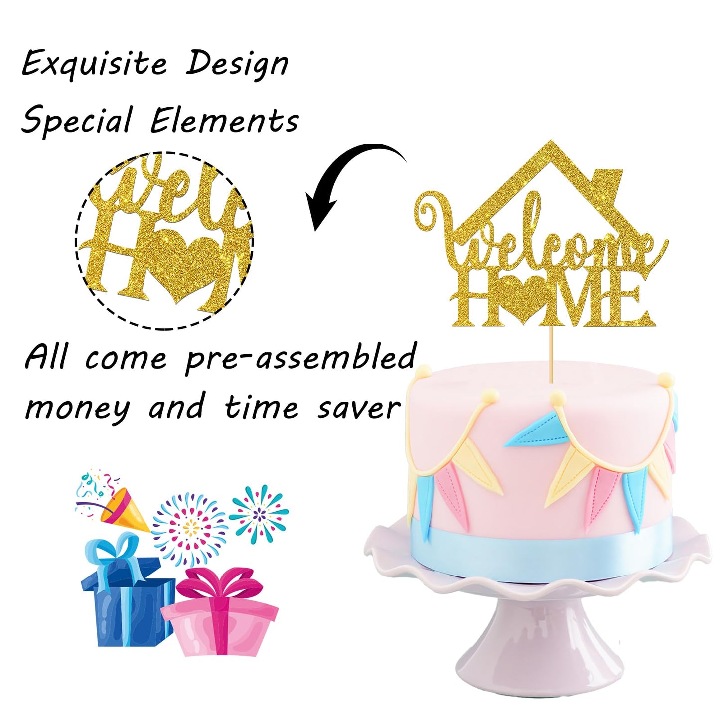 Gold Glitter Welcome Home Cake Topper - Home Party Decoration - Welcome Sign - New Home/New Baby/Retiring From The Army/Return F