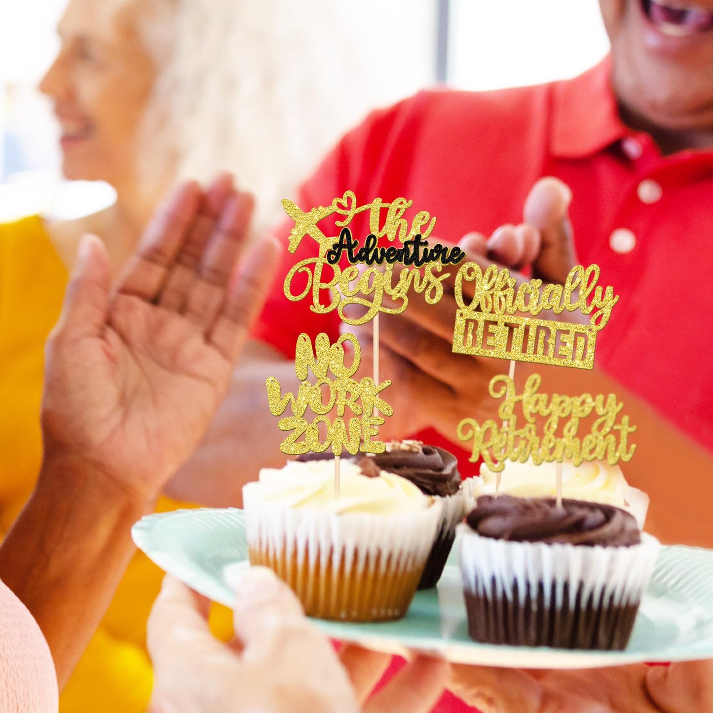 Rssta i Cupcake Toppers Gold Glitter Retirement Party Decorations, 24 Pack, Adventure Begins, No Work Zone