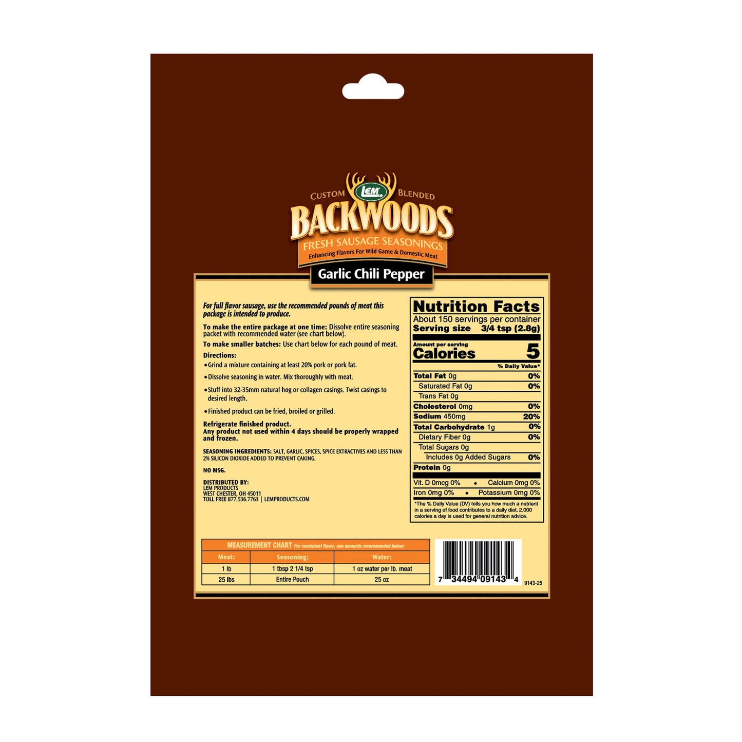 LEM Backwoods Garlic Chili Pepper Sausage Seasoning, 15 Ounce Packet, Ideal for Wild Game and Domestic Meat, Model 9143