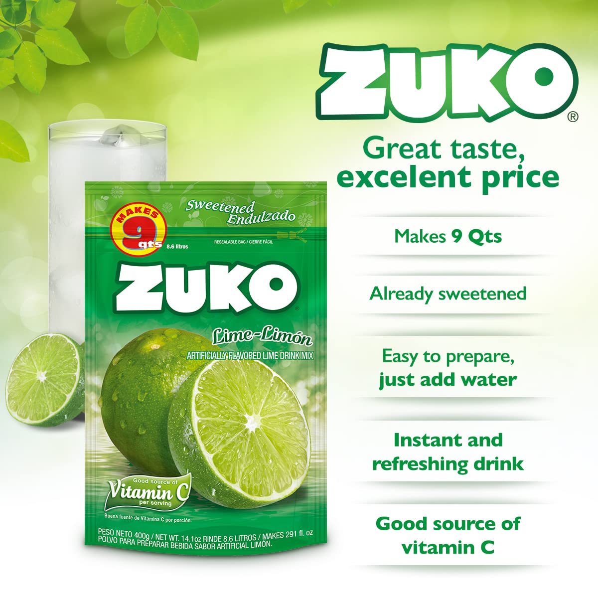 Zuko Lime Instant Powder Drink | Family Pack | No Sugar Needed | Vitamin C | 14.1 Ounce (Pack of 2)