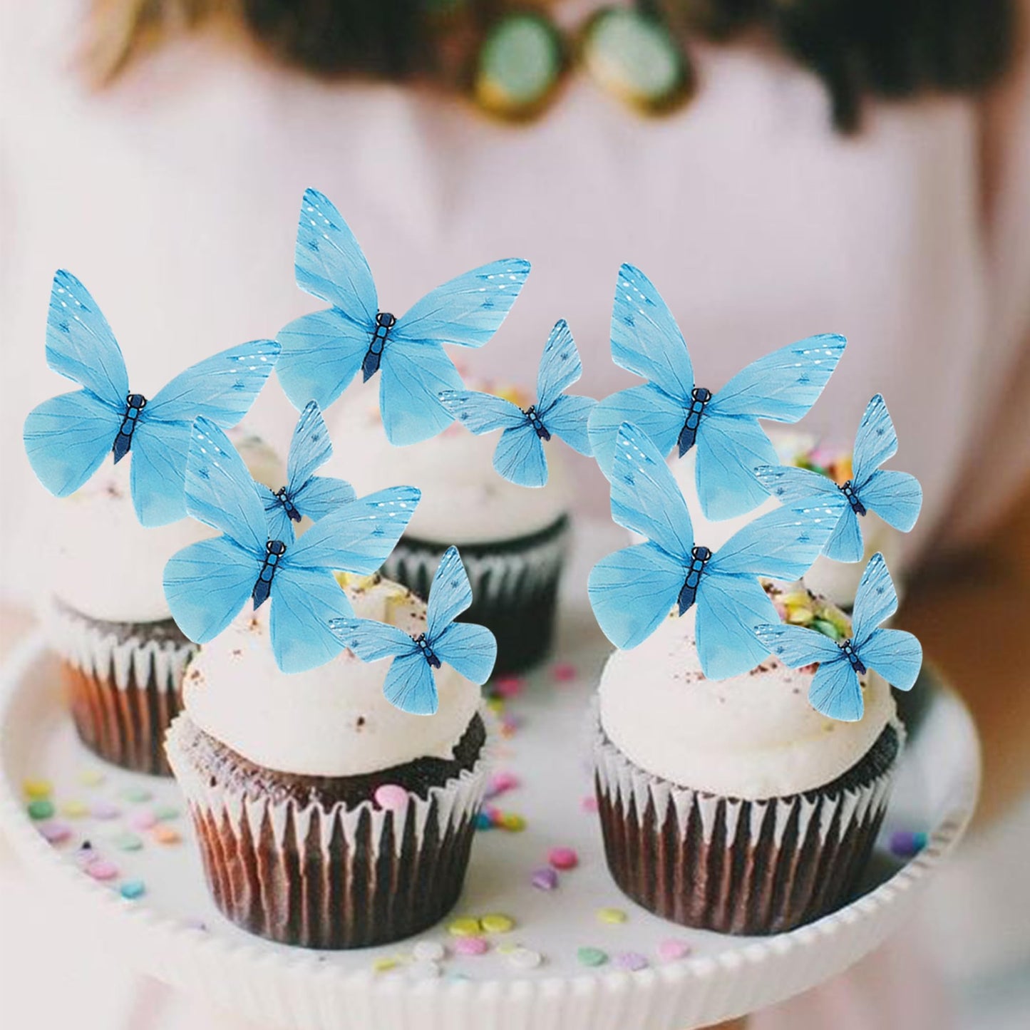 ZHUOWEISM 72PCS Edible Butterfly Cupcake Toppers, Paper Decorations for Baby Shower & Kids Birthday Party, Design 1 Blue