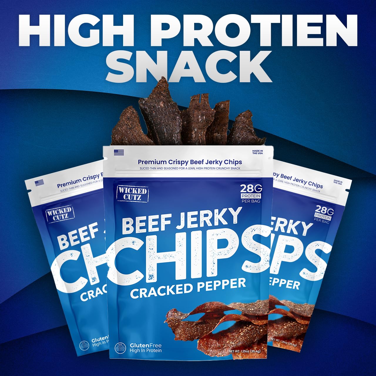 Wicked Cutz ed Pepper Beef Jerky Chips  28g Protein per Bag  Crispy & Crunchy Beef Jerky Crisps  USA Made Pepper Flavored Chips  High Protein Carnivore Snacks (4 Bags)
