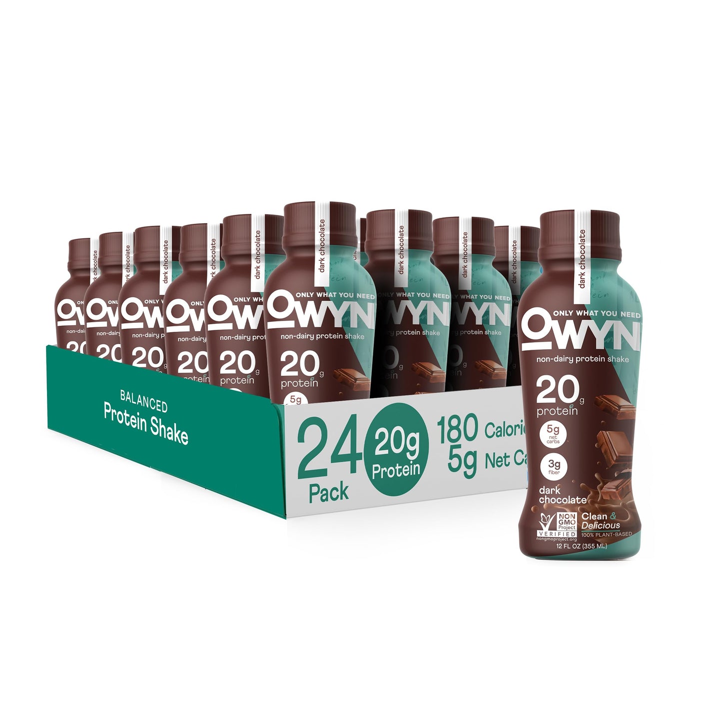 OWYN Only What You Need Vegan Protein Shake, 20g Plant Based Protein from Organic Pumpkin seed, Organic Flax oil, Pea, Prebiotics, Gluten and Soy Free (Dark Chocolate, 24 Pack)