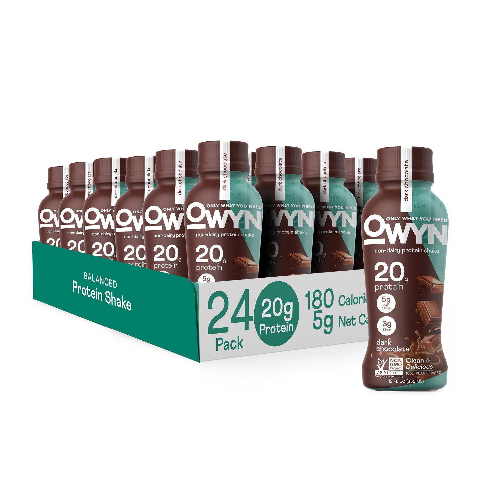 OWYN Only What You Need Vegan Protein Shake, 20g Plant Based Protein from Organic Pumpkin seed, Organic Flax oil, Pea, Prebiotics, Gluten and Soy Free (Dark Chocolate, 24 Pack)