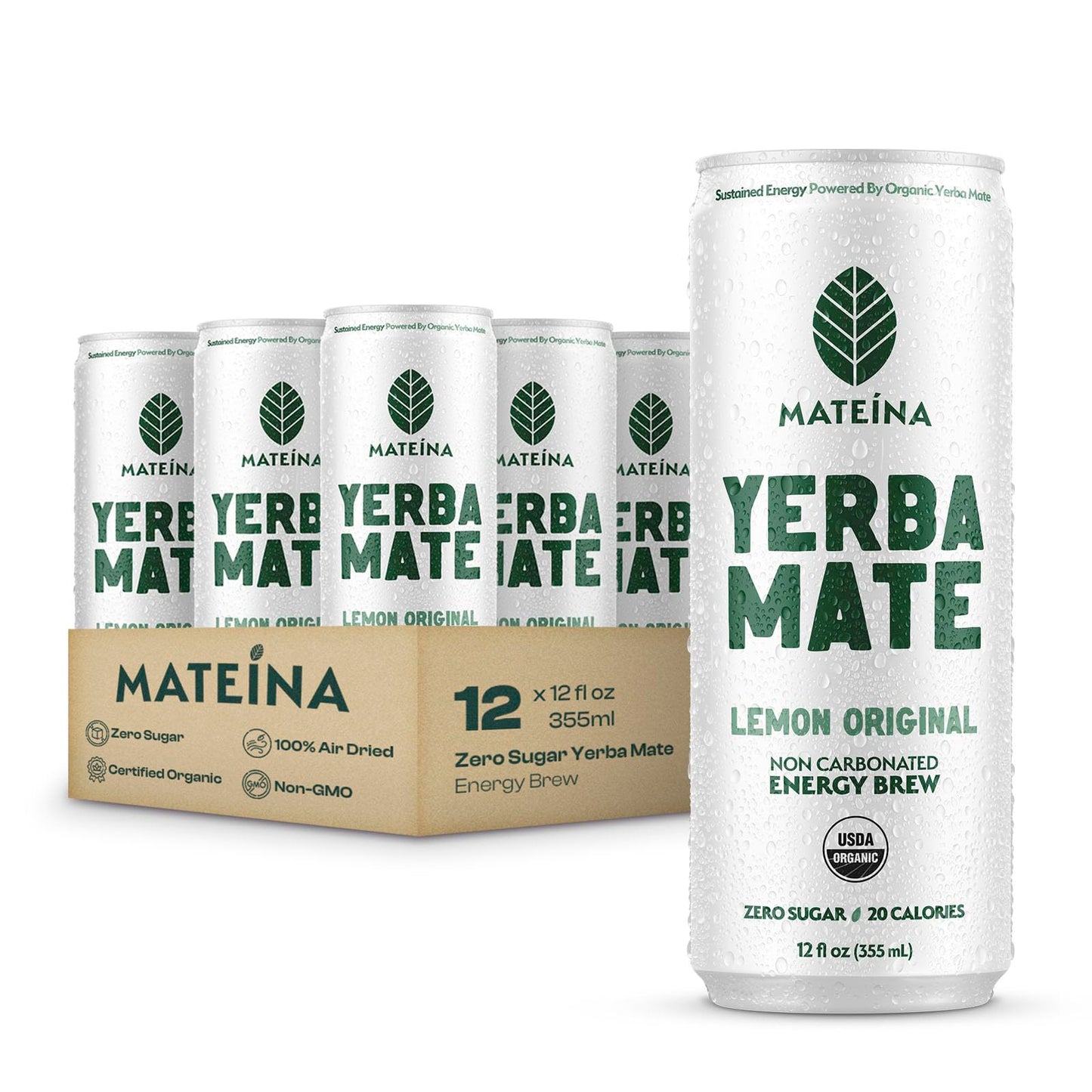 Mateina Yerba Mate Zero Sugar Energy Drink - 120mg Natural Caffeine - Organic  Non-GMO  Non-Carbonated - Dr. Andrew Huberman Recommended - 12 Pack (12oz Cans) (12 Pack  Lemon Original)