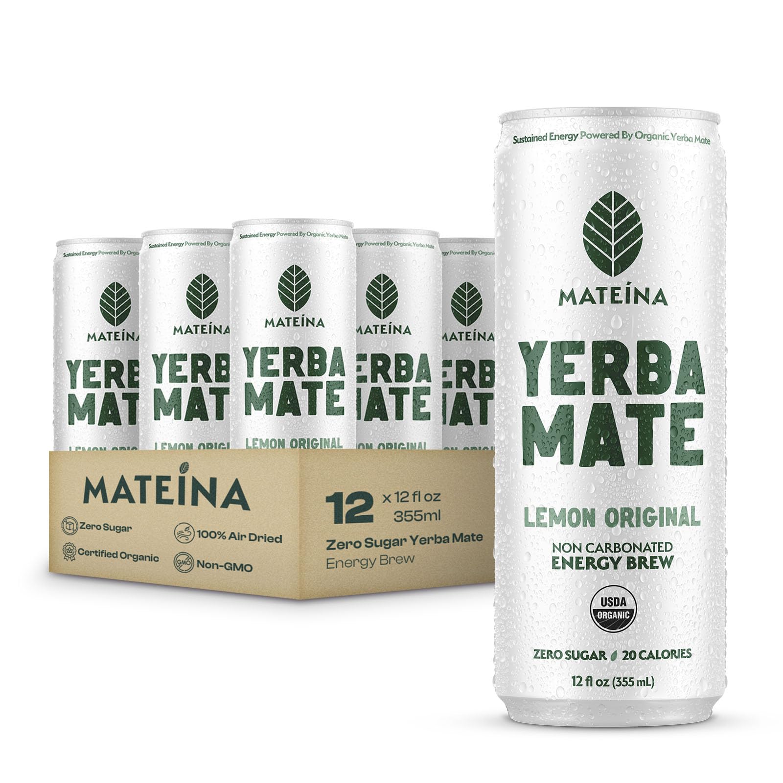 Mateina Yerba Mate Zero Sugar Energy Drink - 120mg Natural Caffeine - Organic  Non-GMO  Non-Carbonated - Dr. Andrew Huberman Recommended - 12 Pack (12oz Cans) (12 Pack  Lemon Original)