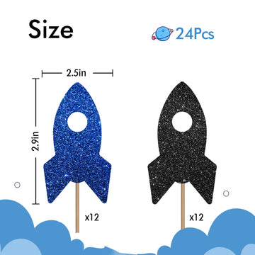 24Pcs Rocket Ship Cupcake Toppers, Baby Shower Party Decor For Boys, Astronaut Dessert Picks, Outer Space Themed Birthday Party