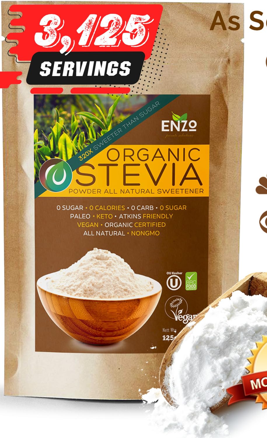 Enzo Organic Stevia Powder 125g (4.4oz / 3125-Servings) - enhanced USDA Certified All Natural Alternative-Sweetener 320x Sugar Free Non-GMO 0 Calories Vegan No Aftertaste Kosher