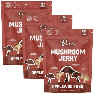 Pans Mushroom Jerky, Vegan Dried Shiitake Snacks, Gluten Free, Applewood BBQ, 2.2 Ounce Pack of 3
