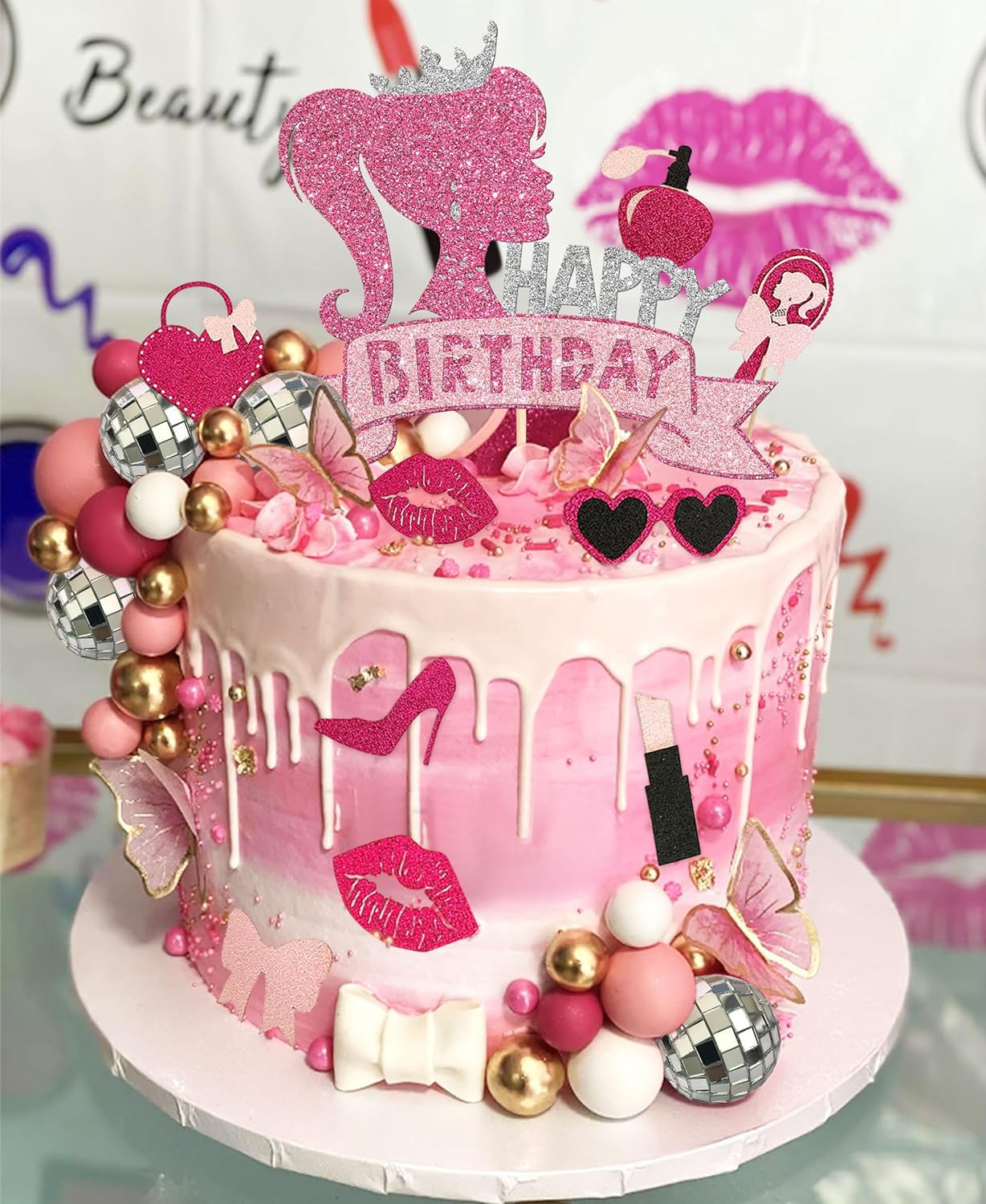 Jevenis Birthday Hot Pink Girl Birthday Cake Decoration Pink Girls Birthday Decoration Pink Balls Palm Leaves Heels Lipstick Bag