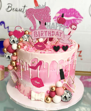Jevenis Birthday Hot Pink Girl Birthday Cake Decoration Pink Girls Birthday Decoration Pink Balls Palm Leaves Heels Lipstick Bag