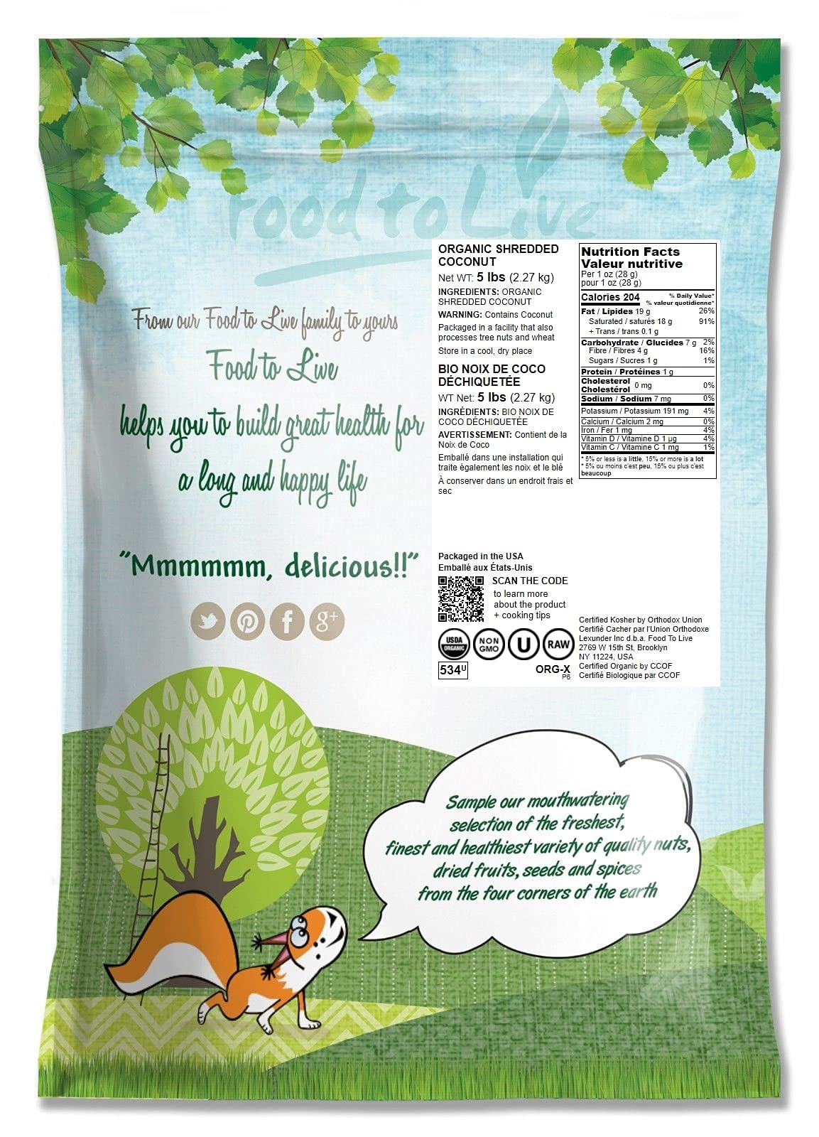 Food to Live Organic Shredded Coconut, 5 Pounds Non-GMO, Unsweetened Flakes, Desiccated, Medium Shreds, Kosher, Vegan, Bulk. No