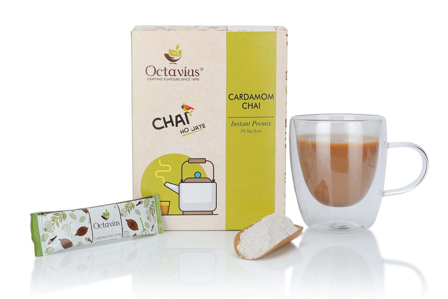 Octavius | Cardamom Premix Tea - 50 Pouches | Elaichi Chai | Readymade Tea Mix | Ready Tea | Premix Tea Powder | Instant Tea | T