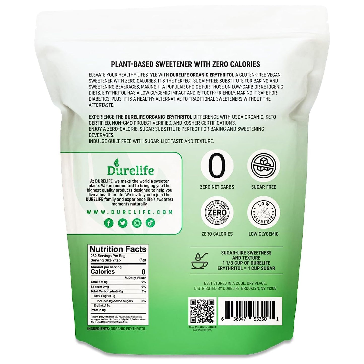 DureLife Erythritol Sweetener, Organic, Non-GMO, Keto Certified, Zero Calorie, 5 LB, Pack of 1