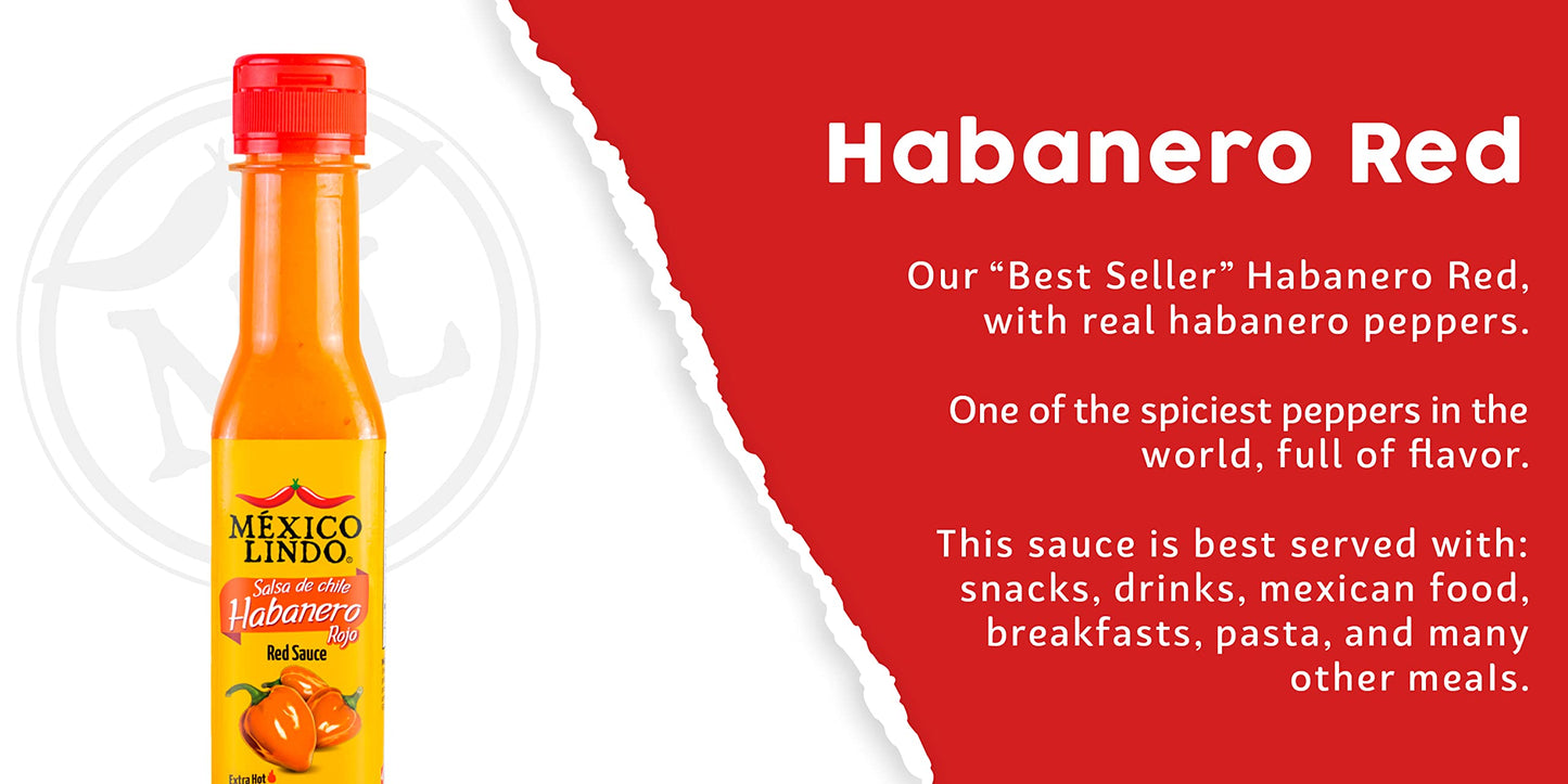 Mexico Lindo Red Habanero Hot Sauce - 5 Fl Oz (Pack of 6) - 78,200 Scoville - Perfect for Mexican Food, Seafood & Pasta