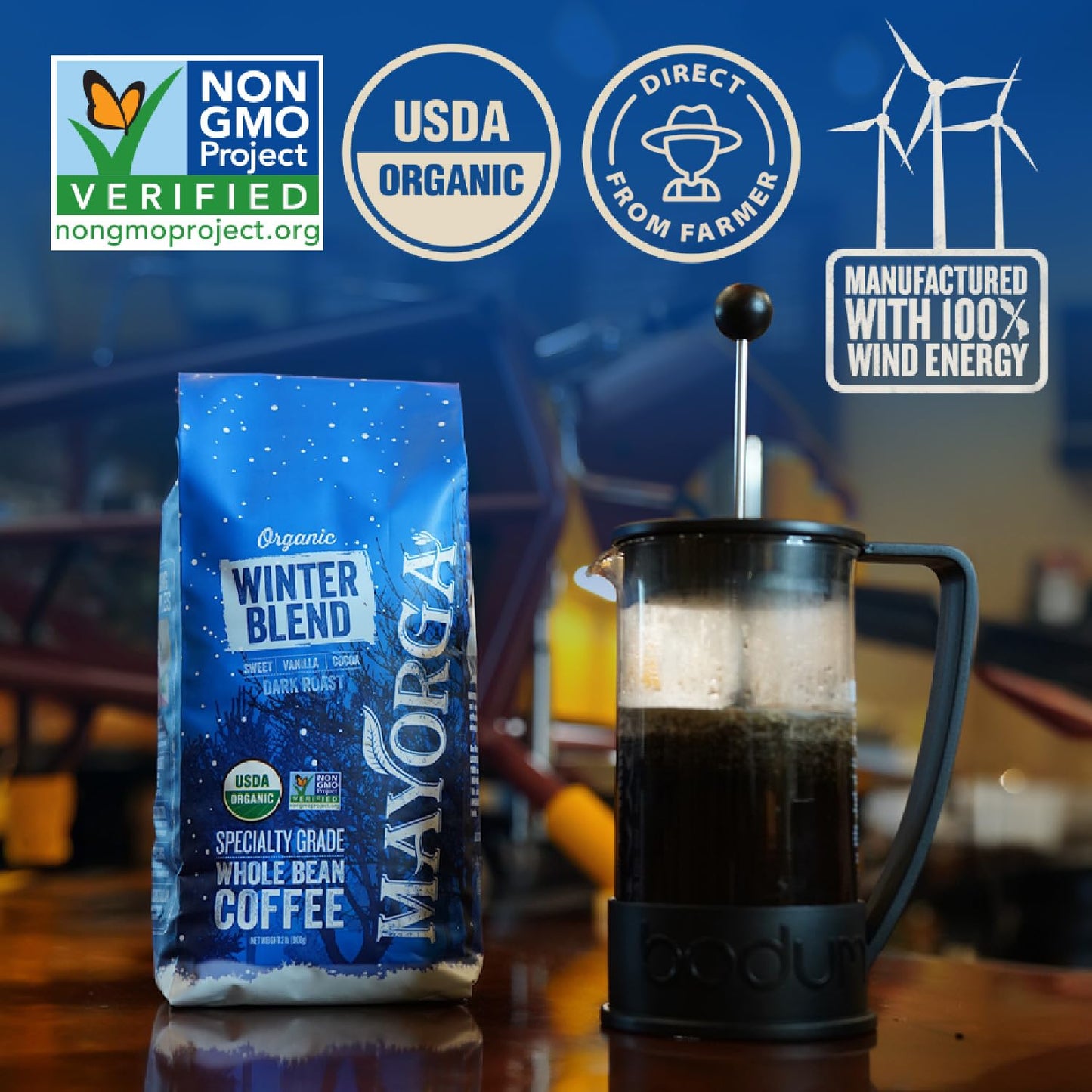 Mayorga Seasonal Dark Roast Coffee, 2 Lb Bag - Winter Blend Coffee Roast - 100% Arabica Whole Coffee Beans - Bold & Smooth Organ