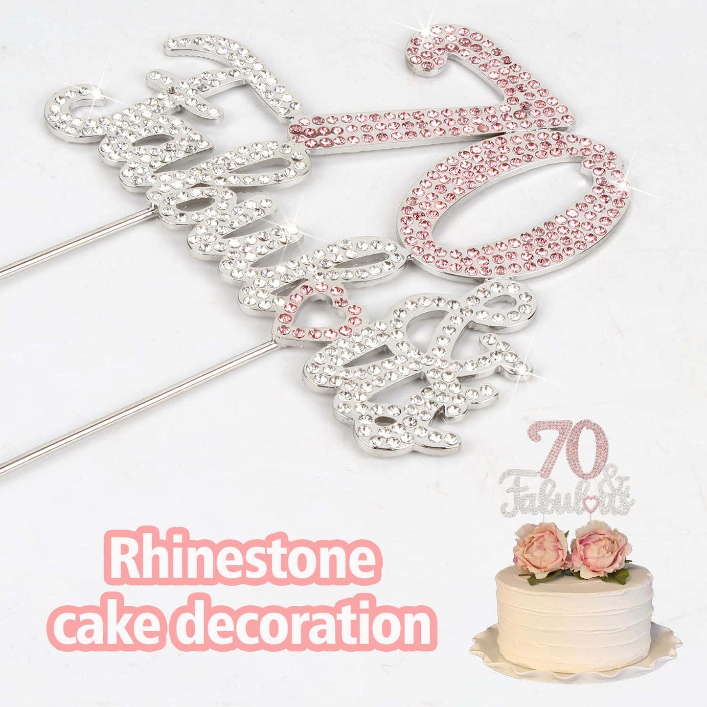 Laskyer 70 & Fabulous Silver Pink Rhinestone Cake Topper - Happy 70Th Birthday Cheers To Seventy Years Old Bday Party Metal Spar