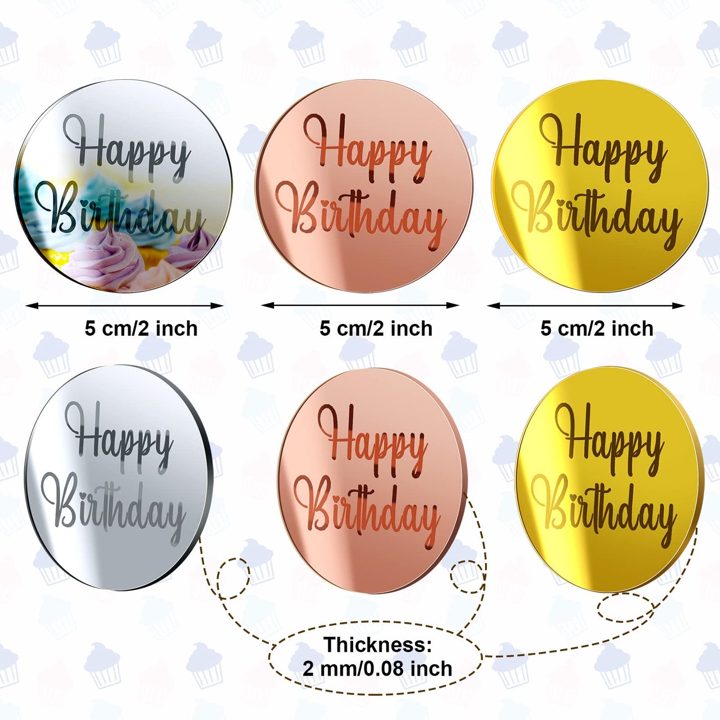30 Pcs Acrylic Cupcake Toppers Happy Birthday Cake Disc Mirror Acrylic Cake Topper Engraved Personalized Cake Topper Mini Acryli