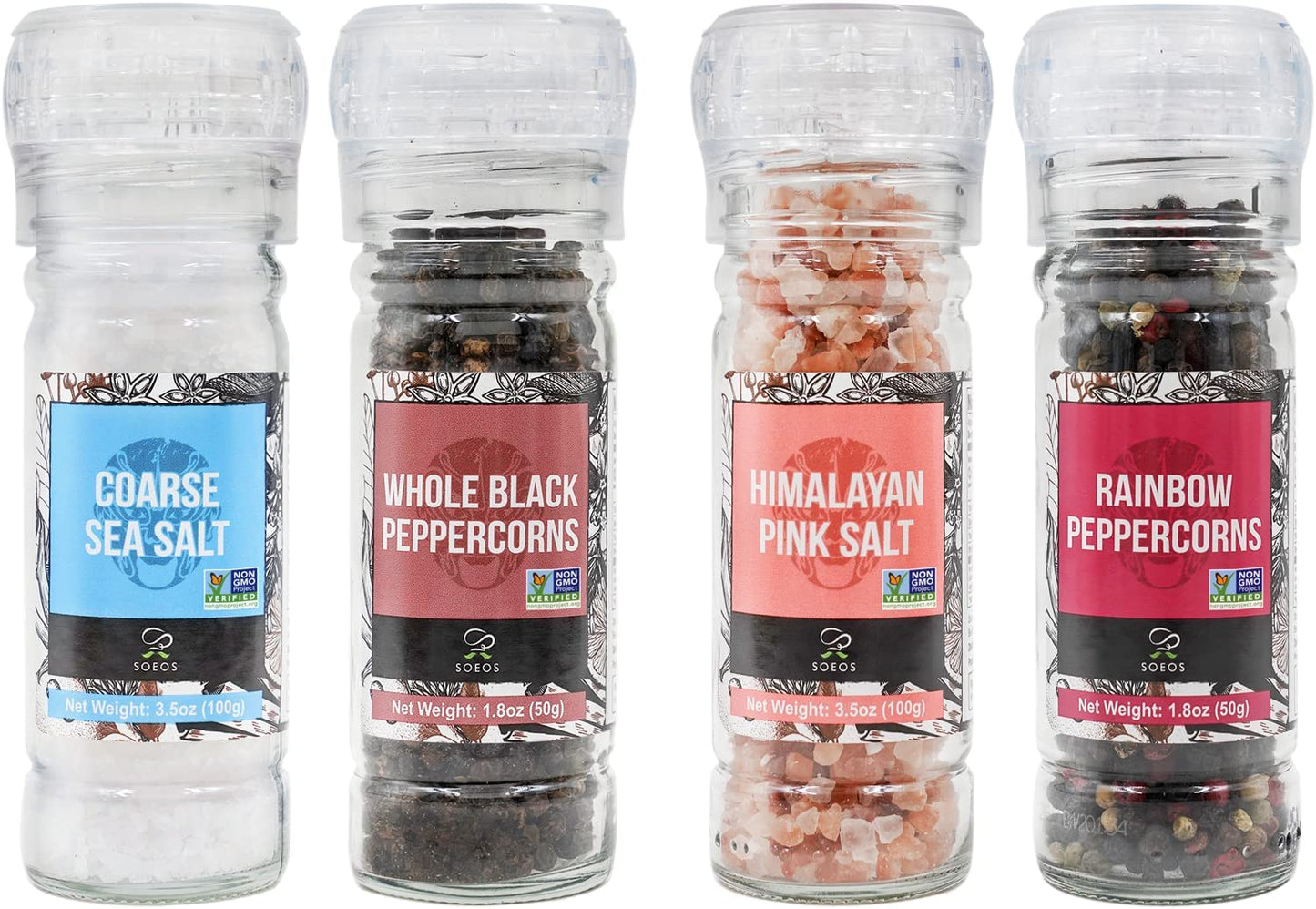 Soeos Black Peppercorns + White Sea Salt + Rainbow Peppercorns + Pink Salt, 10.6oz(300.50g) Spice Total, Glass Bottle Grinder wi