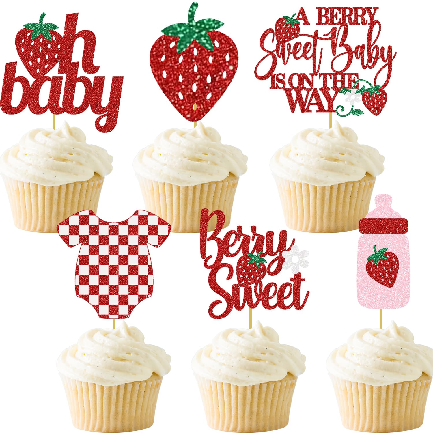 Berry Sweet Cupcake Toppers Strawberry Baby Shower Decoration Red And Pink Welcome Girl Party Supplies