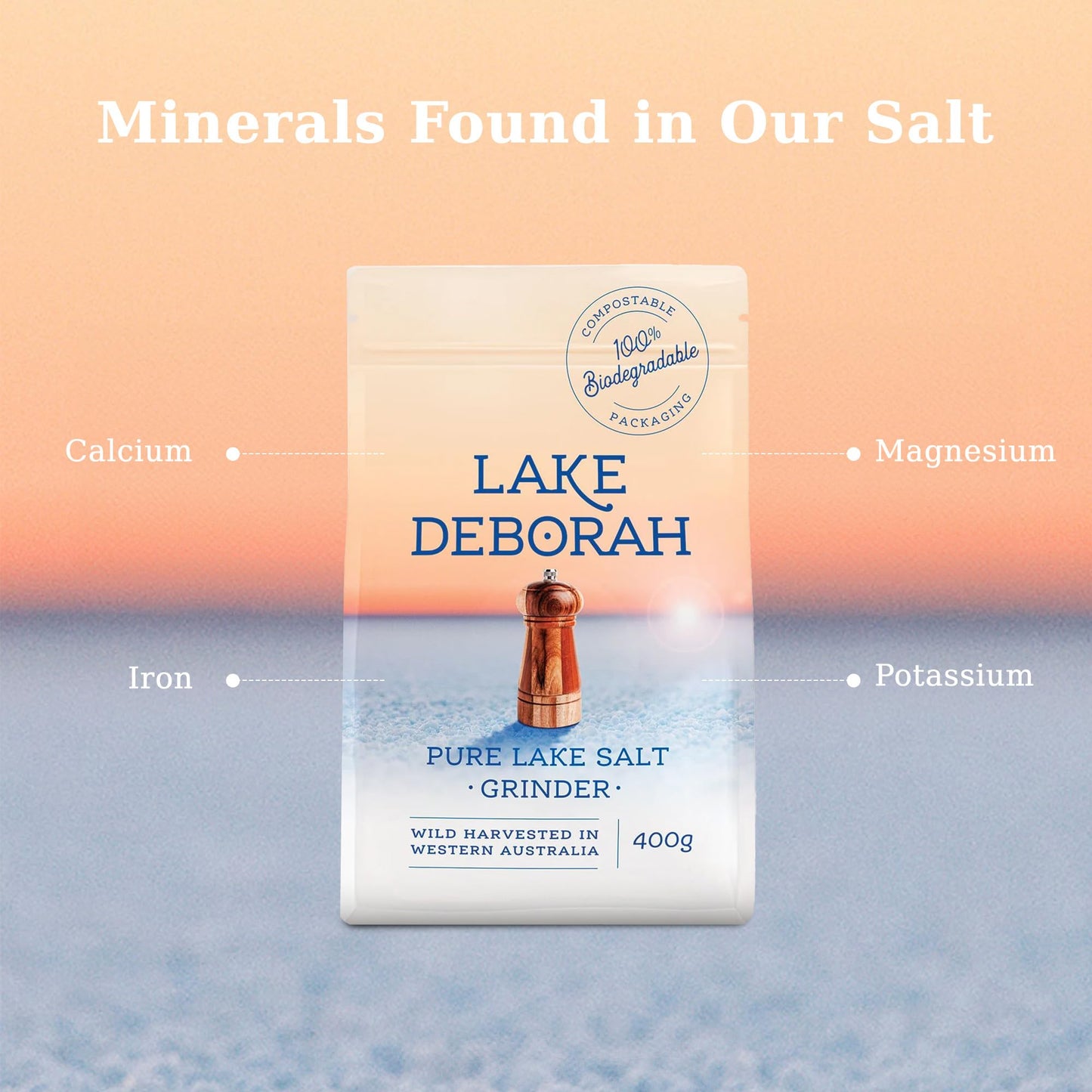 Pure Mineral Grinder Salt From Lake Deborah, Australia - Wild Harvested Lake Salt - 100% Natural, Microplastics, Heavy Metals And Pollutant-Free, Perfect For Cooking And Baking - 400G