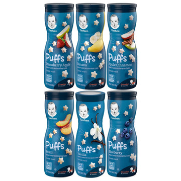 Gerber Puffs, 1 Strawberry Apple, 1 Blueberry, 1 Banana, 1 Vanilla, 1 Peach, 1 Apple Cinnamon, 6 Ct (Variety Pack)