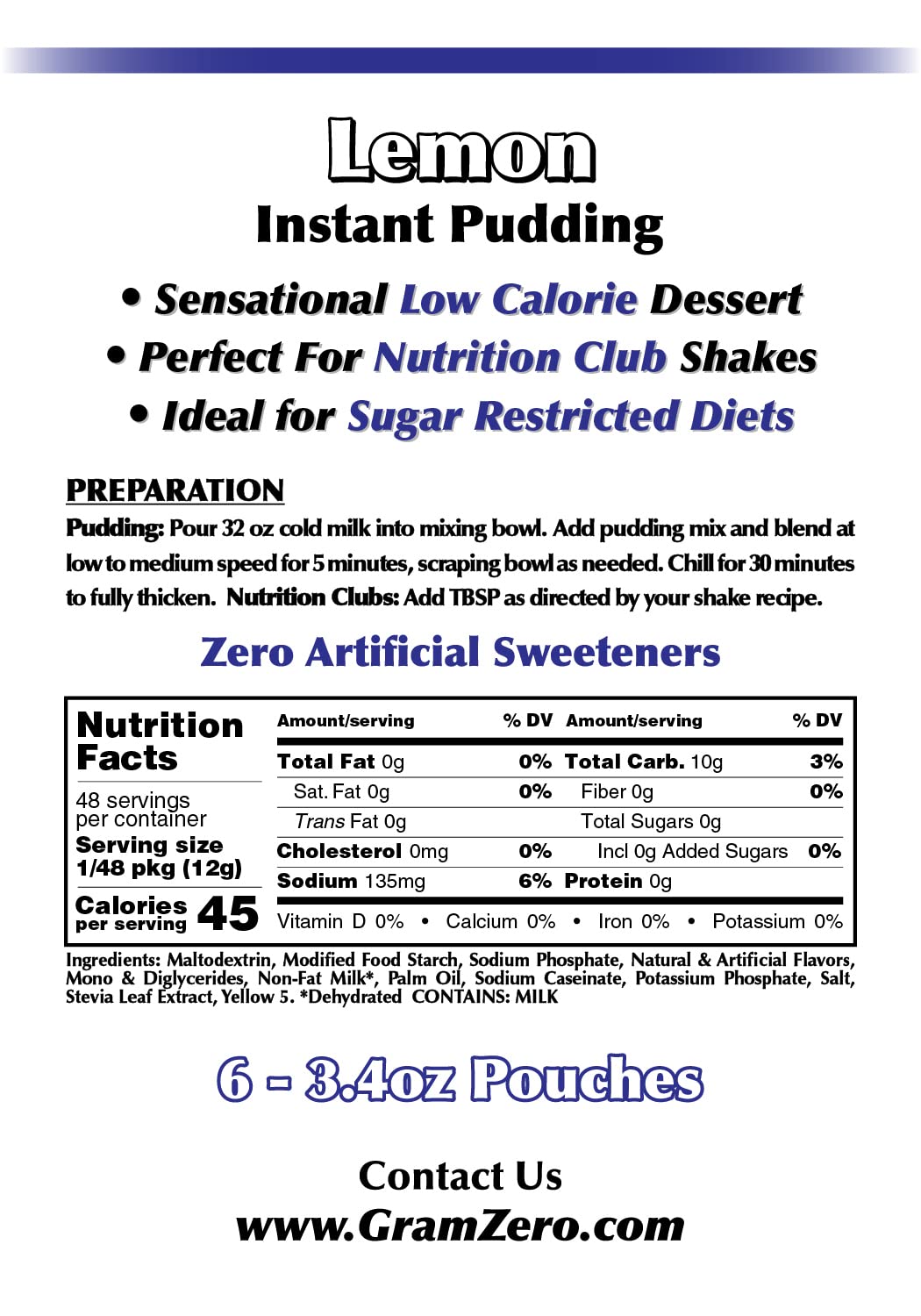 Gramzero Lemon Sugar Free Pudding Mix 6-Pack, Great For Nutrition Club Meal Replacement Shakes, Low Calorie Dessert, Stevia Swee