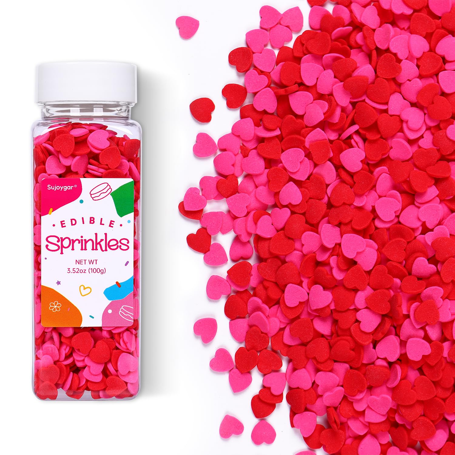Red Pink Heart Confetti Sprinkles for Cake Decorating, 3.52oz Edible Valentine Sprinkles Bulk for Cupcake Toppers Baking Cookie 