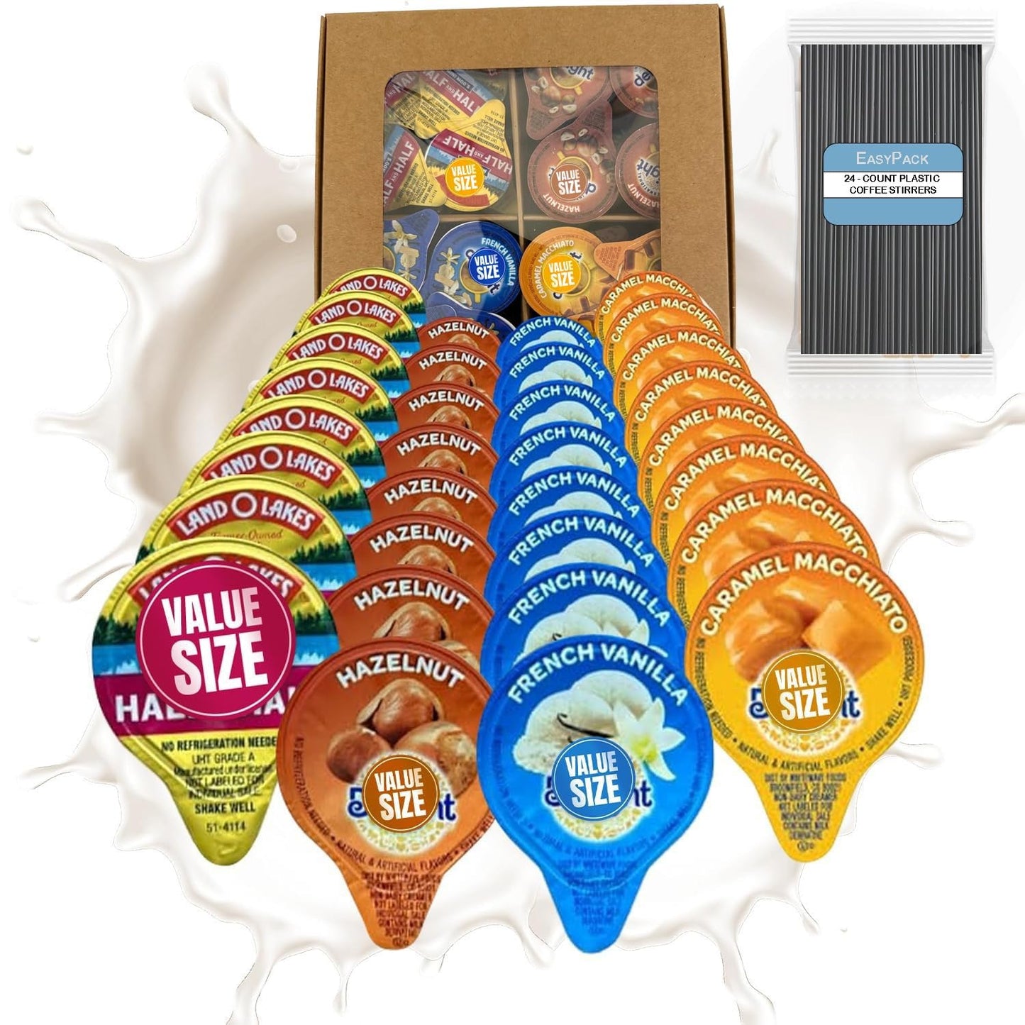 Coffee Creamer Liquid Singles Delight Caramel Macchiato, French Vanilla, Hazelnut and Mini Moo's Half and Half Creamer Variety P