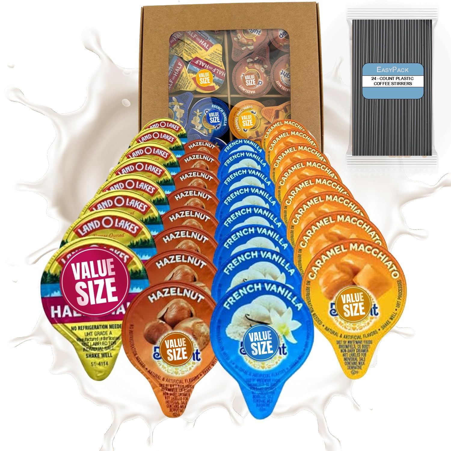 Coffee Creamer Liquid Singles Delight Caramel Macchiato, French Vanilla, Hazelnut and Mini Moo's Half and Half Creamer Variety P