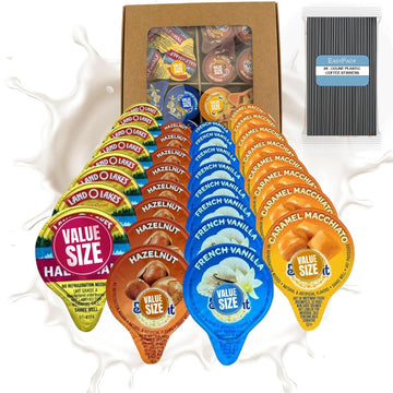 Coffee Creamer Liquid Singles Delight Caramel Macchiato, French Vanilla, Hazelnut and Mini Moo's Half and Half Creamer Variety P