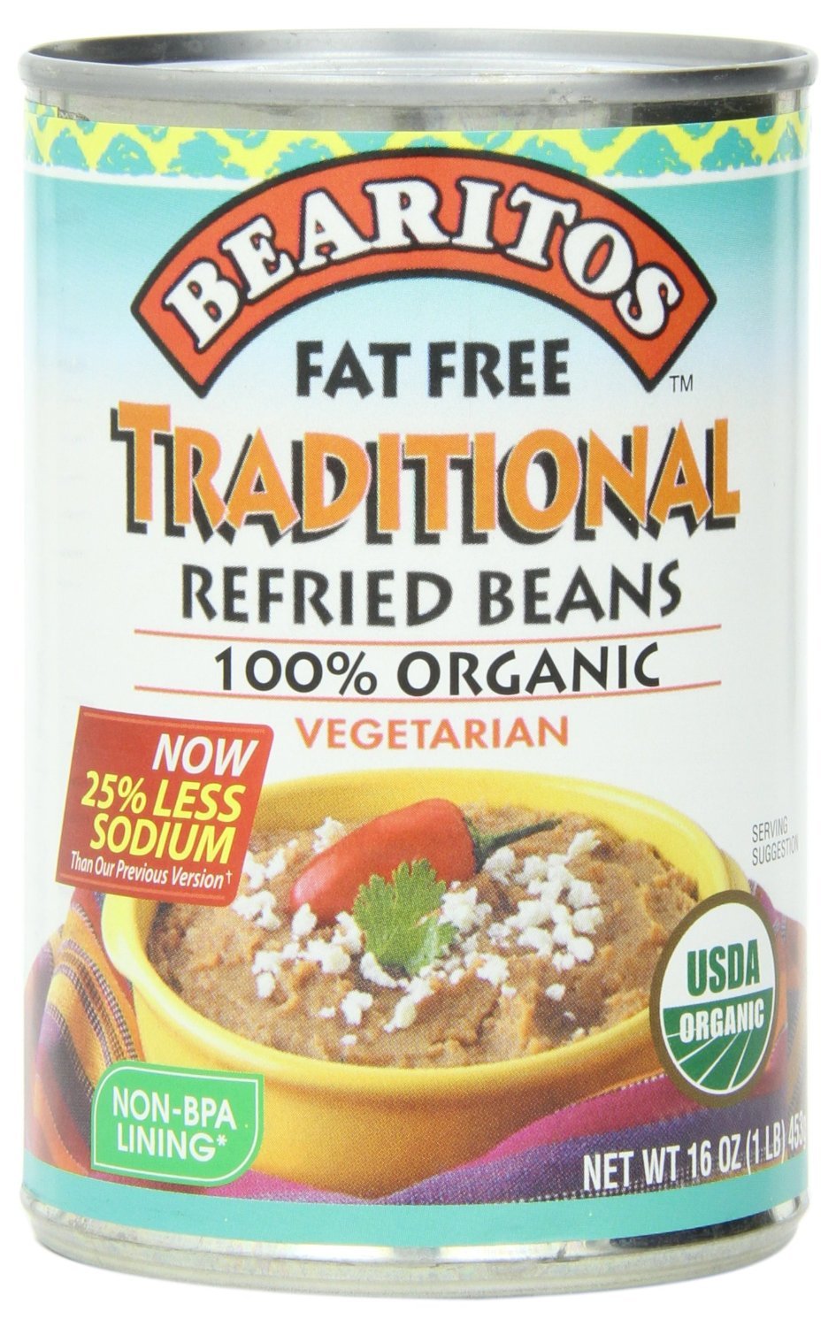 Bearitos Organic Fat Free Traditonal Refried Beans, 16-Ounce (Pack Of 6)