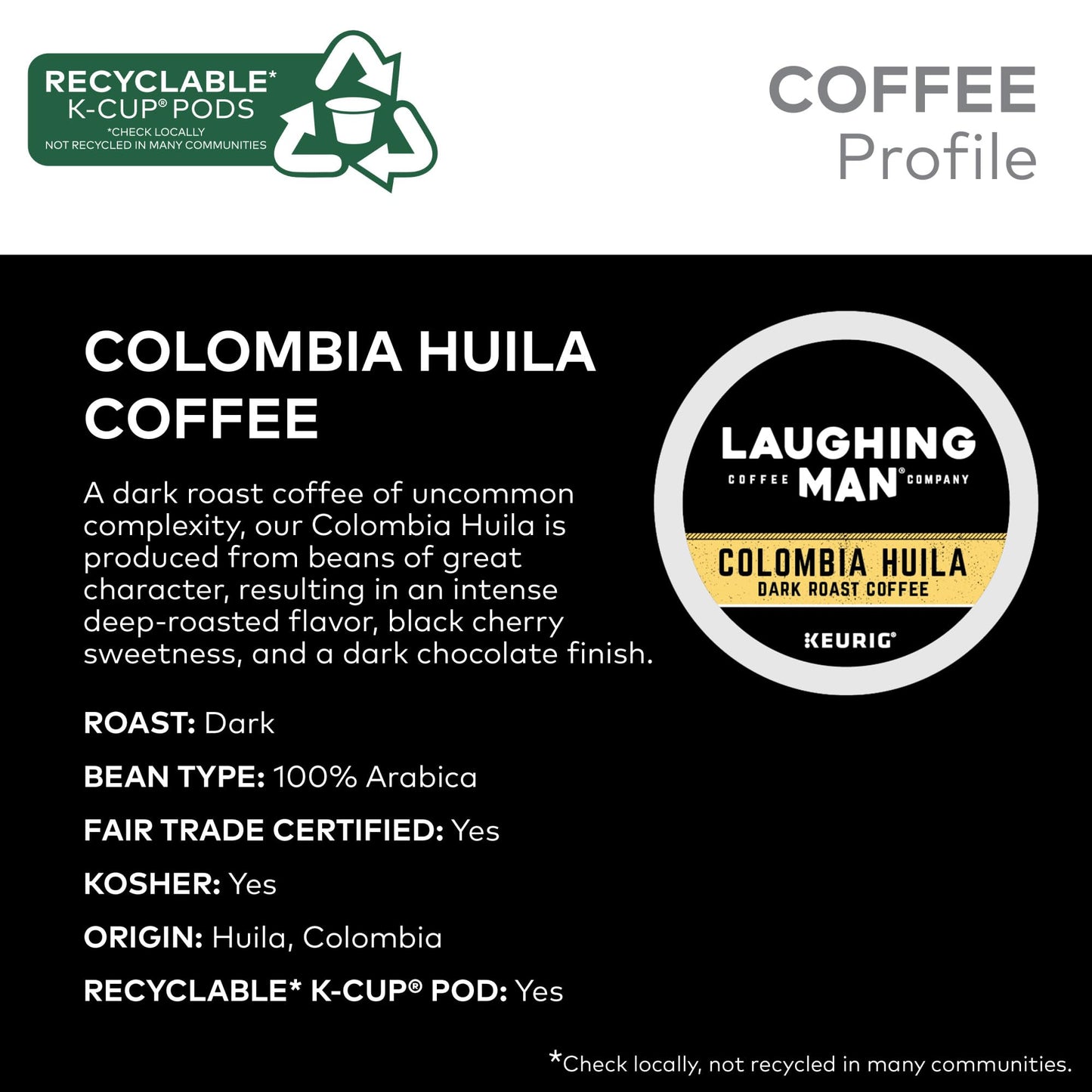 Laughing Man Columbia Huila, Single-Serve Keurig K-Cup Pods, Dark Roast Coffee, 88 Count