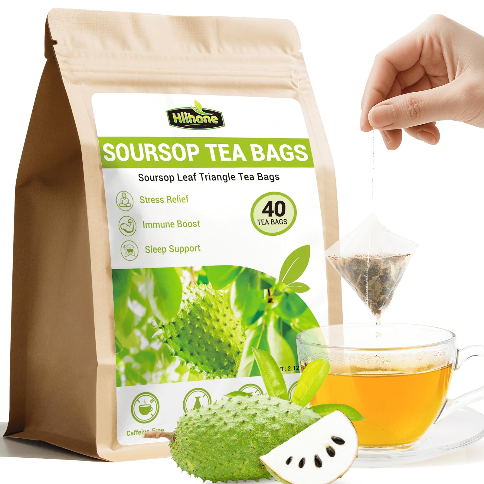 HIIHONE Soursop Leaf Herbal Tea - Caffeine & Sugar Free, 40 Teabags, 40 Count