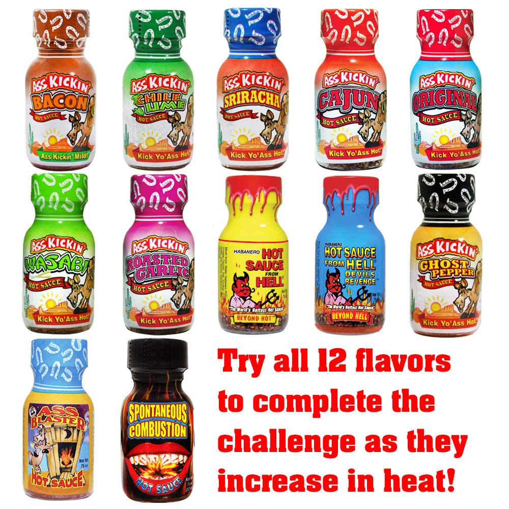 ASS KICKIN Hot Sauce Challenge Gift Set - 12 x 0.75 oz Bottles - Premium Gourmet - Red