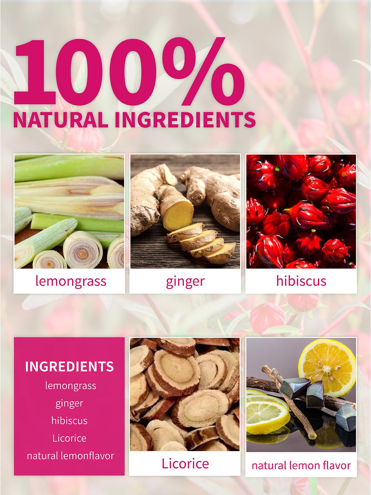 TeeLux Lemon Ginger Hibiscus Tea - Caffeine Free, Refreshing Lemongrass, 50 Count