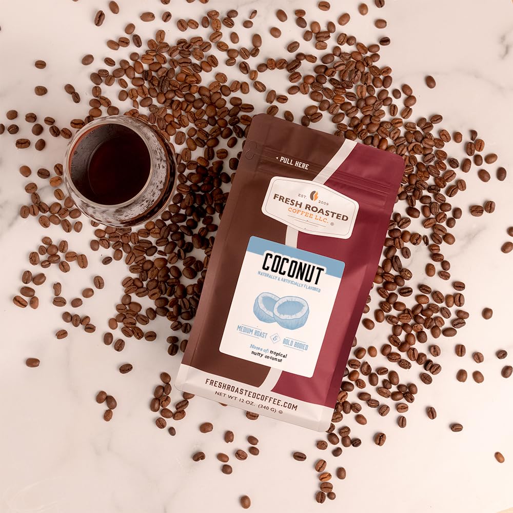 Fresh Roasted Coffee, Coconut Flavored Coffee, 12 Oz, Medium Roast, Kosher, Ground