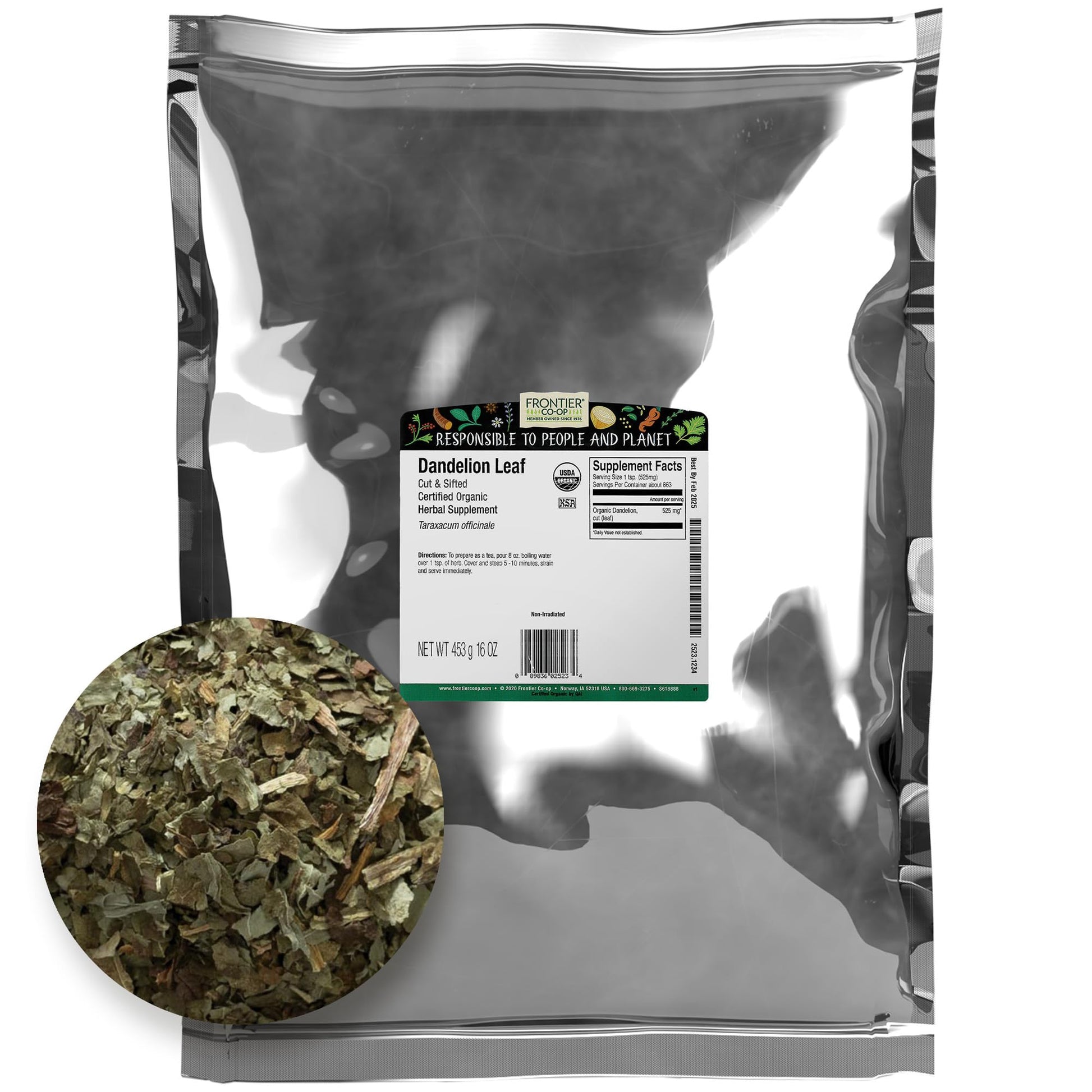 Frontier Co-op Organic Dandelion Leaf, Cut and Sifted - Dried for Loose Tea, Caffeine-Free Coffee Alternative, or Powder nutrition product Capsules - Kosher | 16 Ounce (Pack of 1)