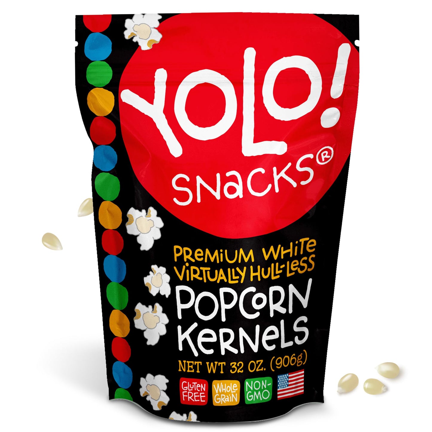 YOLO! Gourmet Hulless Popcorn Kernels, Non-GMO, Gluten-Free, Vegan, 32 Oz Resealable Bag