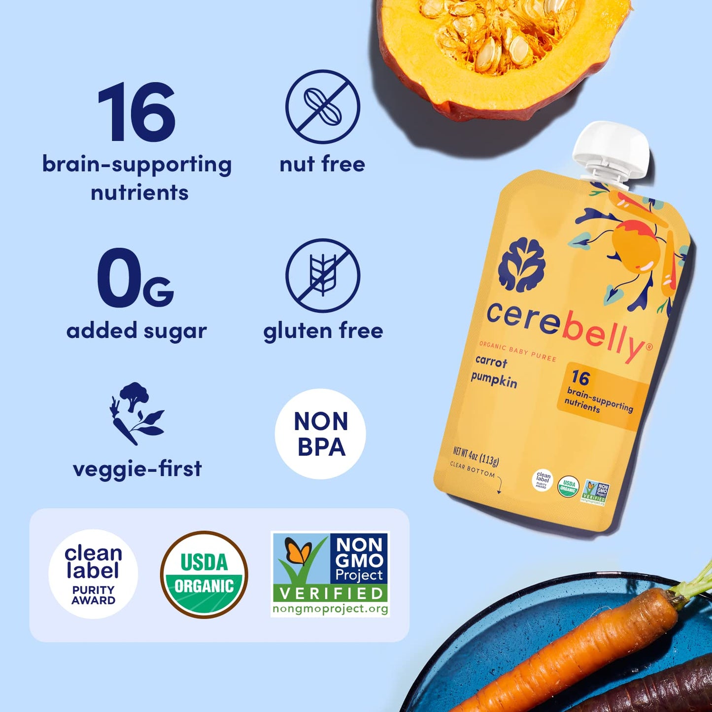 Cerebelly Organic Baby Food Pouches, Carrot Pumpkin Purees, 16 Nutrients, No Added Sugar, Fiber & Non-Gmo, 4Oz, 12 Pack