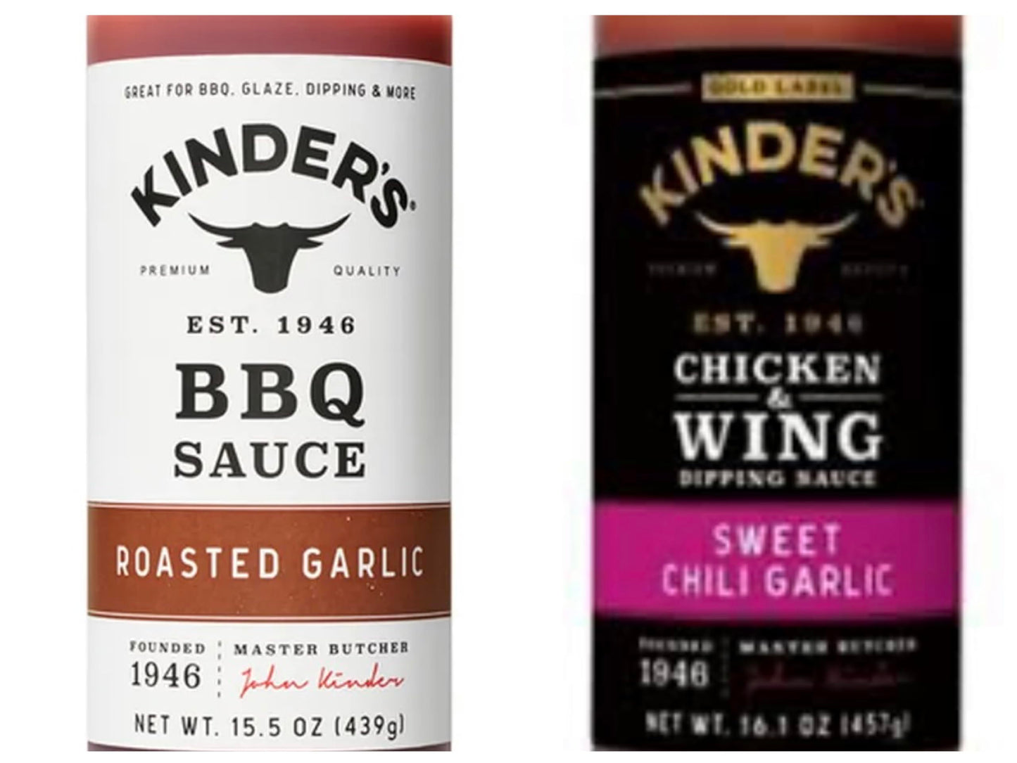 Kinders Marinades, BBQ, Dipping & Wing Sauces - 2 Bottles (Garlic Variety Set - Sweet Chili & Roasted) - 15.5oz and 16.1oz